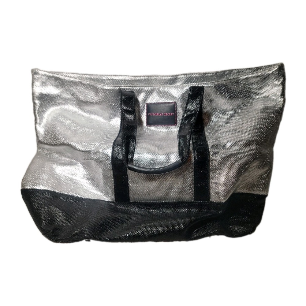 Victorias Secret Metallic Silver Black Large Canvas Tote Shoulder Travel Bag NIP